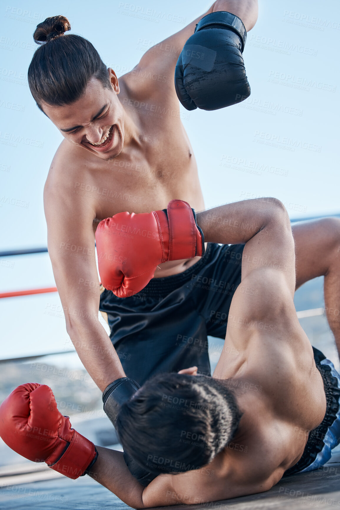 Buy stock photo Floor, boxing ring or angry man fighting in sports exercise, workout or match competition in city outside. Ground punch, boxers or fighters fighting in fitness workout or mma battle for self defense