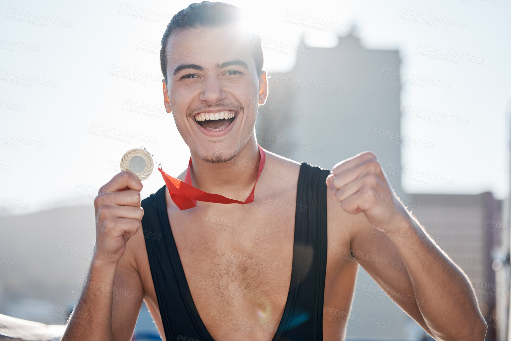 Buy stock photo Success, wrestler or portrait of happy man with medal to celebrate winning a wrestling competition with pride. Winner, fitness or excited champion athlete with fighting victory award, gold or prize 