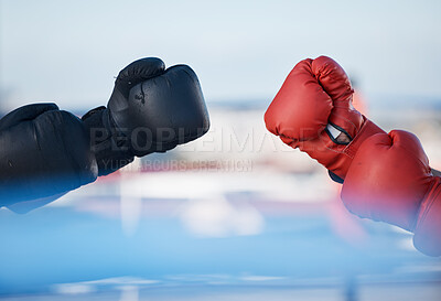 Buy stock photo Hands, boxing gloves or sports training, exercise or fist punching with strong power in workout. Background, fitness athletes or combat warriors ready for boxing or fighting in a mma practice match