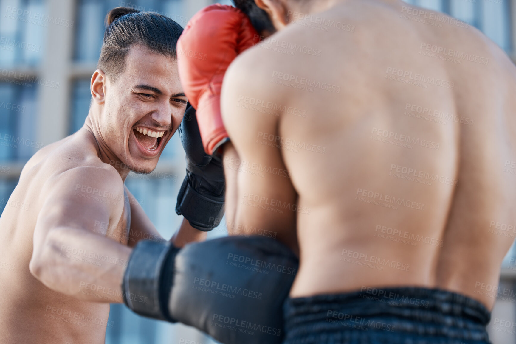Buy stock photo Punch, boxing match or strong man fighting in sports training, body exercise or fist punching with power. Men, boxers or combat fighters boxing in practice or fitness workout in ring with action