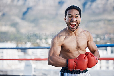Buy stock photo Portrait, man or angry face of boxer in training or exercise with testosterone or strong power in workout. Asian, fitness or combat athlete screaming or ready for fighting in a mma practice match