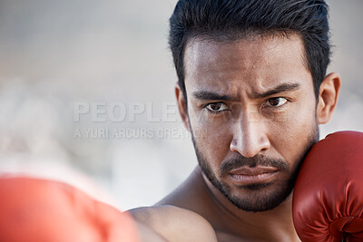 Buy stock photo Fitness, man boxing or face of boxer in training, exercise and punching with strong power in workout. Serious, challenge or healthy Asian combat athlete fighting outdoors for mma skills development 