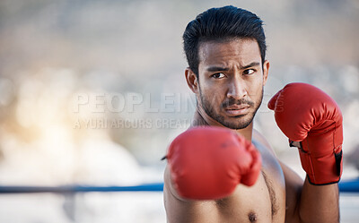 Buy stock photo Fitness, boxing or male boxer in a ring training, exercise and punching with strong power in workout. Athlete, challenge or healthy Asian man fighting on city rooftop outdoors for skills development