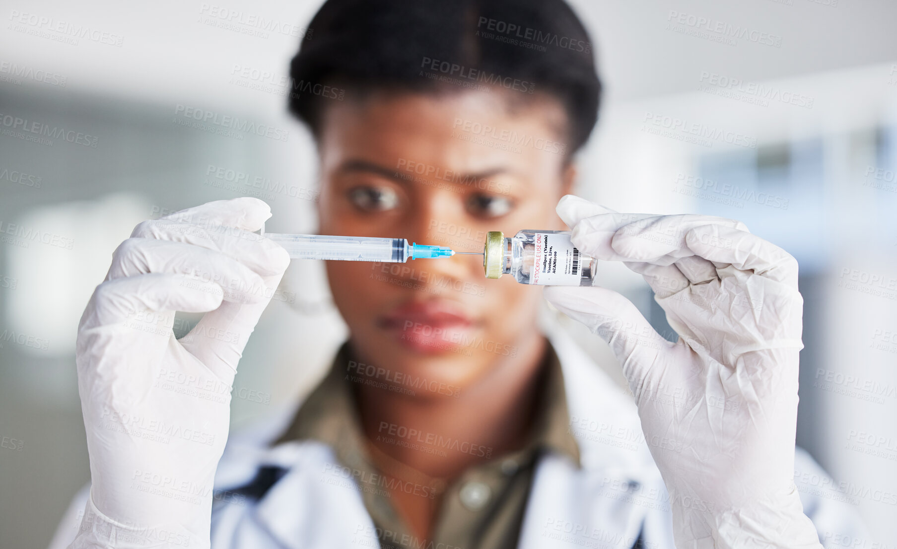 Buy stock photo Vaccine bottle, needle and doctor for safety, healthcare and smallpox medicine. Closeup, hands of woman and prepare vaccination, virus injection and vial for immunity, medical drugs or liquid product