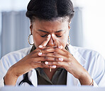 Tired doctor, African woman and headache at desk, clinic office or stress with thinking in workplace. Overworked medic, fatigue and burnout in hospital, worry or anxiety for mental health in wellness