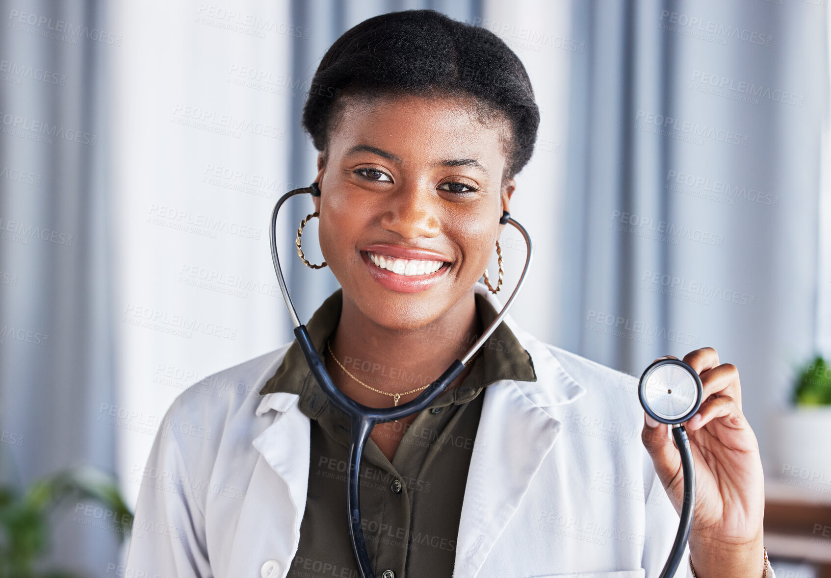 Buy stock photo Doctor, portrait and black woman with stethoscope for heartbeat, healthcare services and cardiology. Face, African female medical worker and listening tools to check heart, lungs and breathing test