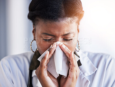 Buy stock photo Sick, black woman or a doctor blowing nose for an allergy, virus or flu at work. Covid, healthcare and an African nurse or surgeon with a tissue for sneezing, health and a cold while at a clinic