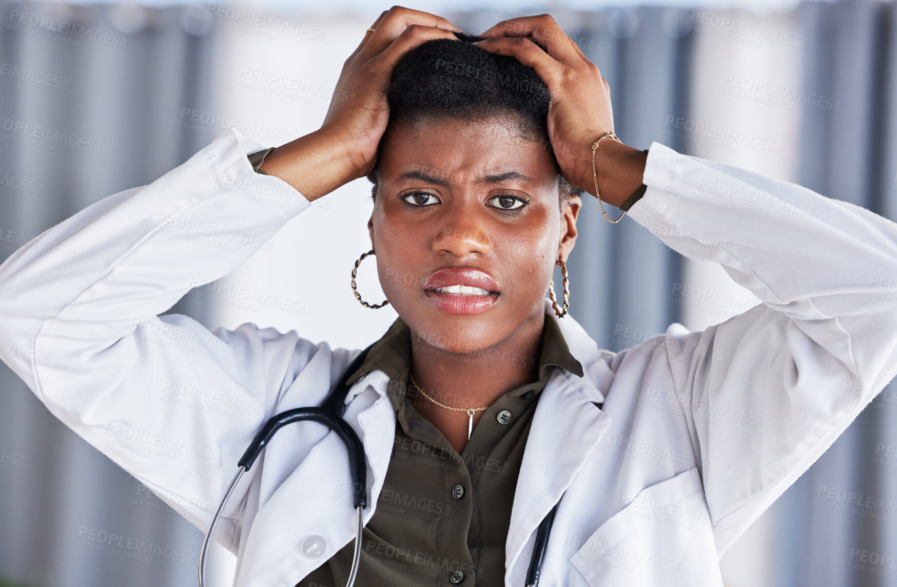 Buy stock photo Frustrated, portrait and a black woman or doctor with a mistake in healthcare, surgery fail or problem. Headache, burnout and an African surgeon with clinic stress, medical crisis or anxiety