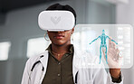 Doctor, woman and virtual reality glasses for hologram, human anatomy and click for analysis in clinic. African medic, holographic ux and ar vision with press, data analytics or 3d model in metaverse