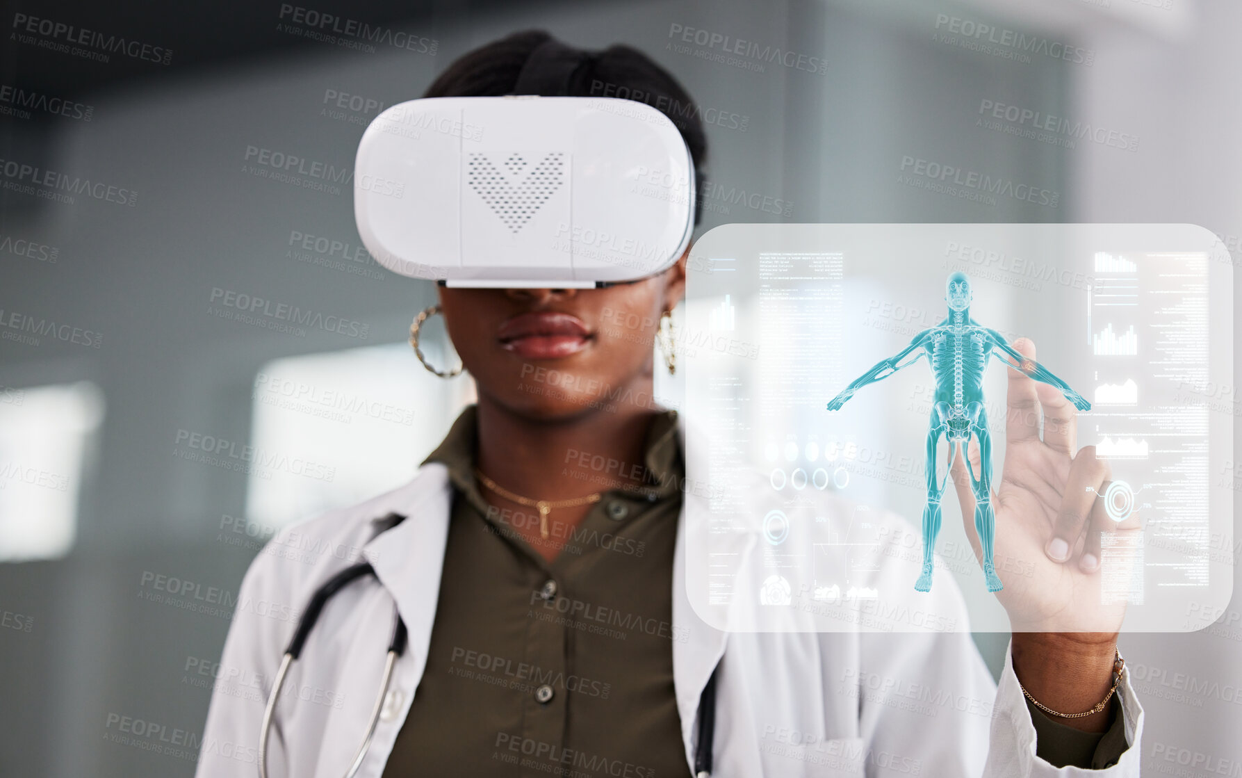 Buy stock photo Doctor, woman and virtual reality glasses for hologram, human anatomy and click for analysis in clinic. African medic, holographic ux and ar vision with press, data analytics or 3d model in metaverse