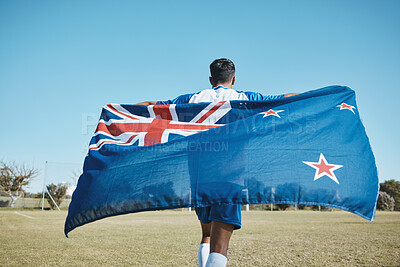Buy stock photo Flag, sports and a man running on a field with a blue sky to celebrate outdoor. Banner, champion and athlete person with patriotism and pride after winning competition to support New Zealand country