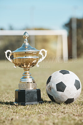 Buy stock photo Success, field and football and trophy for sports, game award and achievement in contest. Fitness, grass and prize or reward for soccer competition, championship or celebration of a goal at a stadium
