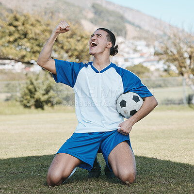 Buy stock photo Football, winner and man excited on field for goal, success and sports achievement. Soccer, champion and happy athlete celebrate competition, training victory or winning on grass outdoor for exercise