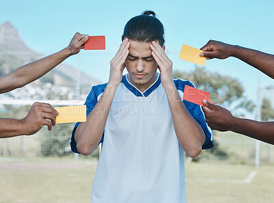Buy stock photo Hands, card and man with stress from soccer, training headache and warning on the field. Sports, burnout and frustrated athlete with anxiety during a football game with a red and yellow referee fail