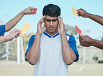 Hands, card and a man with headache from soccer, fitness stress and warning on the field. Sports, burnout and a frustrated athlete with anxiety during a football game with a referee fail or problem