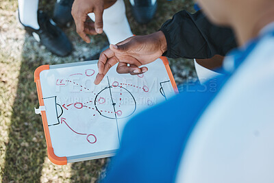 Buy stock photo Hands, soccer team or coach planning a strategy with tactics or training formation on sports field. Board, fitness or closeup of manager teaching football players a game plan for match or workout 