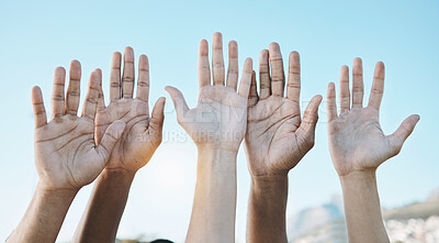 Buy stock photo Diversity, palm of hands and group for outdoor celebration or team building together for support, motivation and solidarity. Raised hand, question or community of people on blue sky background
