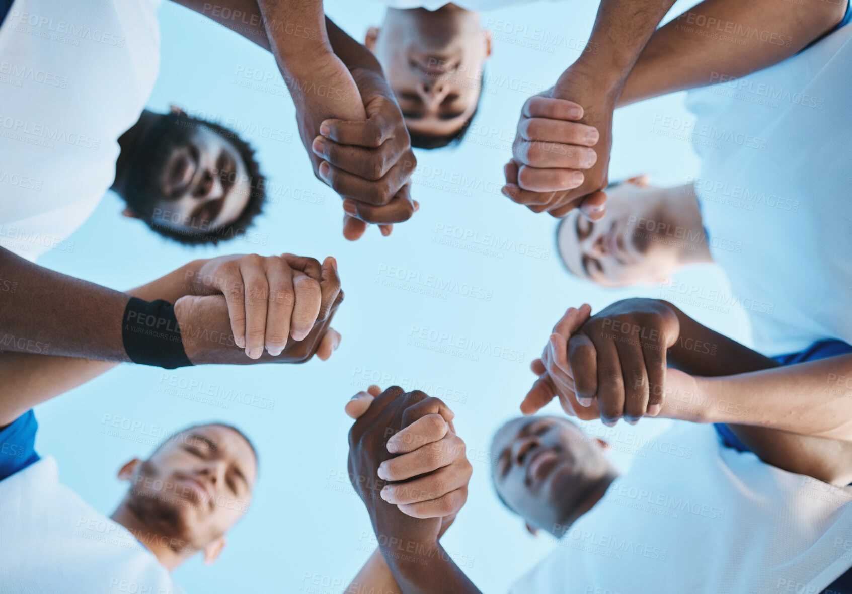 Buy stock photo Sports, teamwork and praying with hands of soccer player on field for fitness, support and community. Goal, workout and prayer with people training on football stadium for motivation and game