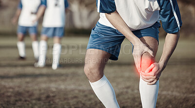 Buy stock photo Soccer player, knee pain or man with injury on field in sports training accident or workout game emergency. Closeup, red glow or injured football athlete suffering from leg muscle in fitness exercise