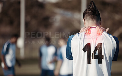 Buy stock photo Soccer player, injury or man with back pain on field in sports training accident or practice workout. Emergency, red glow or injured football athlete suffering from muscle tendon in fitness exercise 