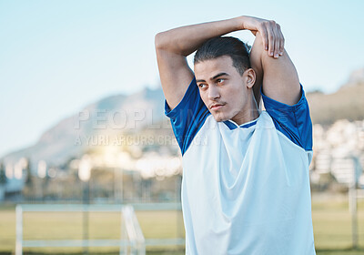 Buy stock photo Thinking, man or soccer player stretching arms on football field in training, exercise or workout in Brazil. Fitness, warm up or male athlete ready to start practice match or sports game in stadium