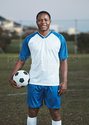 Soccer ball, ready or portrait of black man on field with smile in sports training, game or match on pitch. Happy football player, fitness or proud African athlete in practice, exercise or workout