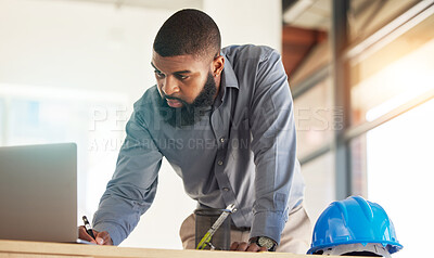 Buy stock photo Architecture man, laptop and blueprint planning, construction design and project management for renovation. Online floor plan, computer and engineering contractor or african person with sketch ideas