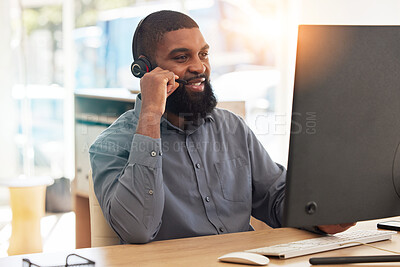 Buy stock photo Man, computer and call center for communication, happy sales advisor and customer support in e commerce. Agency worker, telecom and african person with virtual chat, helping or web contact on desktop