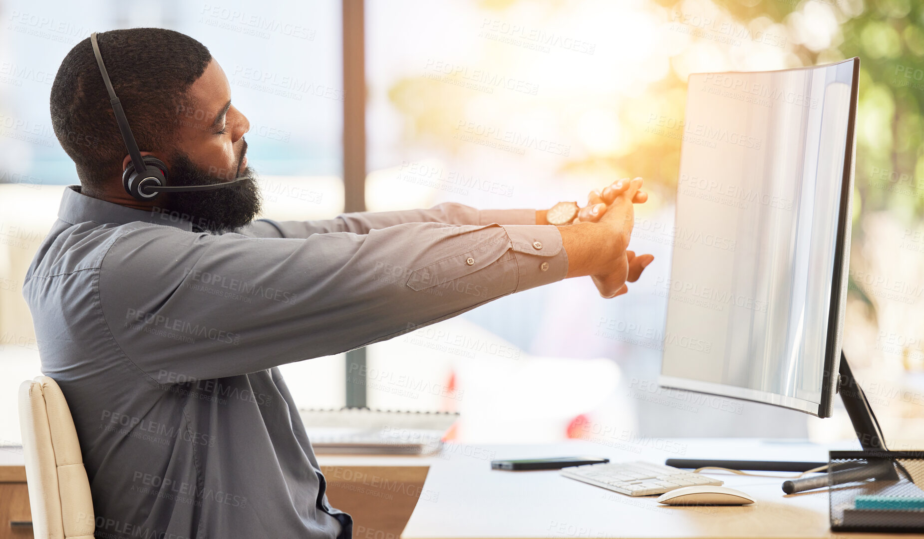 Buy stock photo Call center computer, customer service or black man stretching for ergonomic health in CRM telemarketing office. Ready receptionist, help consultant or contact us advisor in morning warm up routine