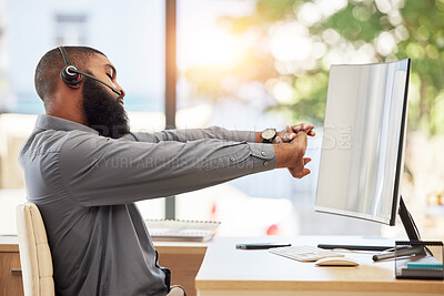 Buy stock photo Call center computer, customer support or black man stretching for ergonomic health in CRM telemarketing office. Ready receptionist, help consultant or contact us advisor in morning warm up routine