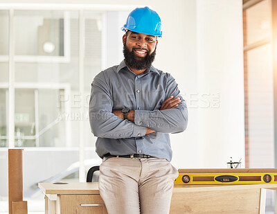 Buy stock photo Engineering, crossed arms and portrait of male construction worker with confidence in his office. Happy, smile and African man industrial professional standing by a desk in industry building on site.