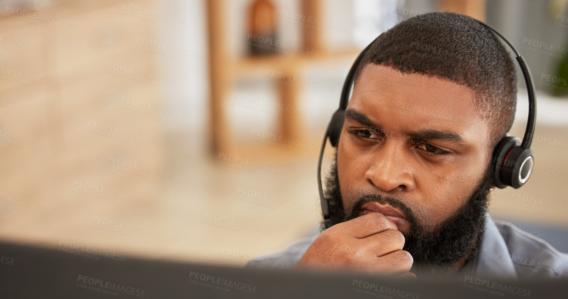 Buy stock photo Call center, thinking and man, agent or consultant with technical support, problem solving or sales review online. Computer, mockup space and solution with IT person at information technology agency