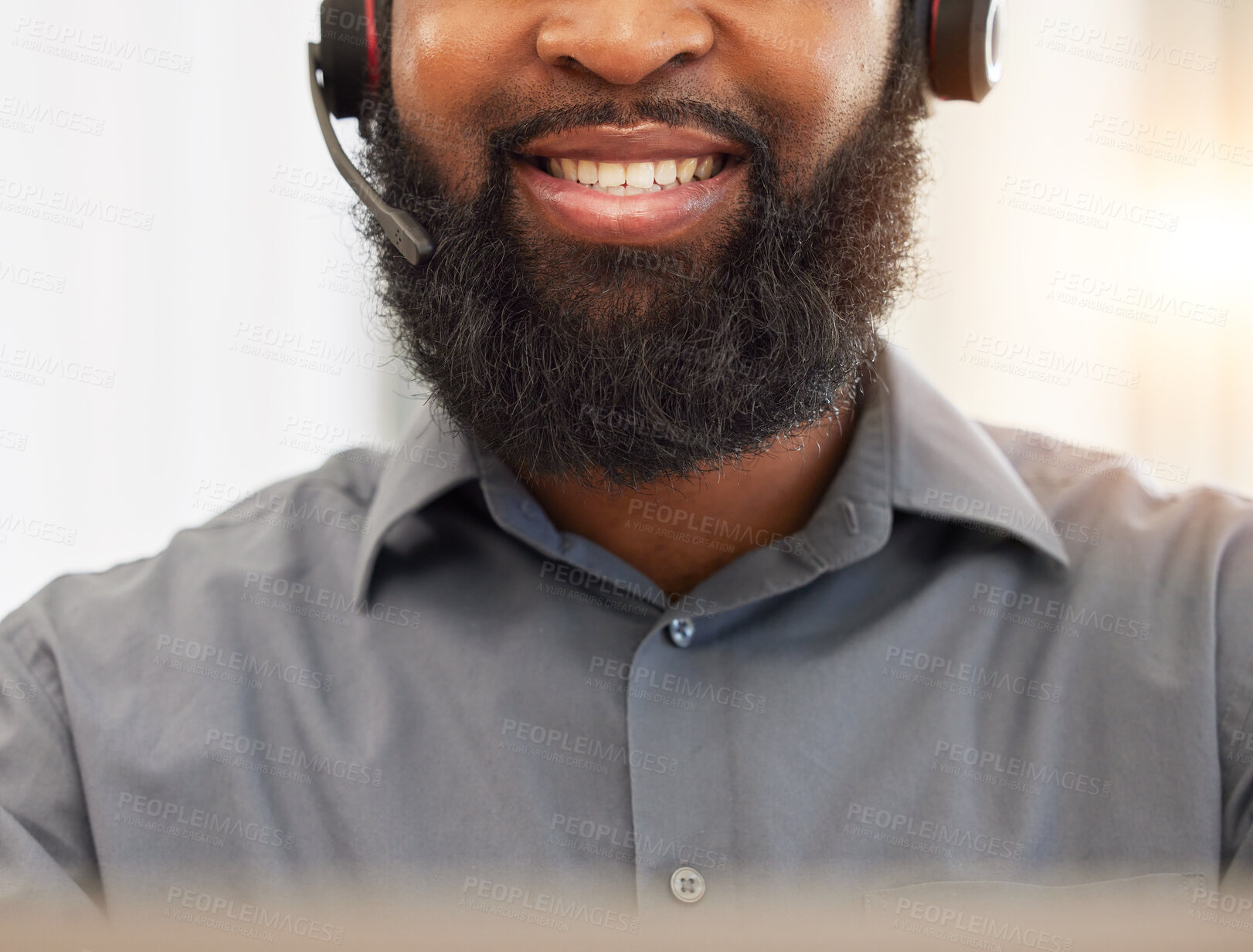 Buy stock photo Face, mouth of black man and call center, headset with mic and customer service employee, CRM and smile. Male consultant teeth, help desk job and communication with contact us and tech support