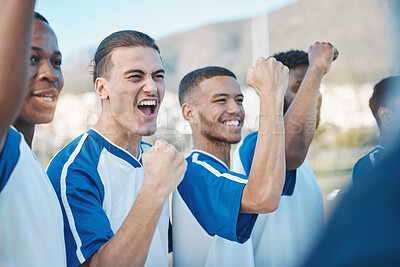 Buy stock photo Soccer player, victory or excited team in celebration for goal or success on a field in sports game together. Winners, teamwork or happy football players winning a tournament match achievement prize
