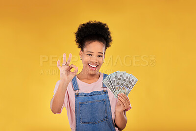 Buy stock photo Okay, money and winner with portrait of black woman in studio for success, prize or achievement. Bonus, lottery and investment with person and cash on yellow background for dollar, profit or giveaway