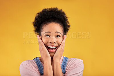 Buy stock photo Thinking, surprise and woman with a smile, excited and expression on a yellow studio background. Female person, happiness and African model with shock, emoji and omg with good news, winning and wow