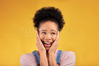 Buy stock photo Thinking, surprise and woman with solution, ideas and opportunity on a yellow studio background. Female person, decision and model with creativity, wow and problem solving with inspiration and choice
