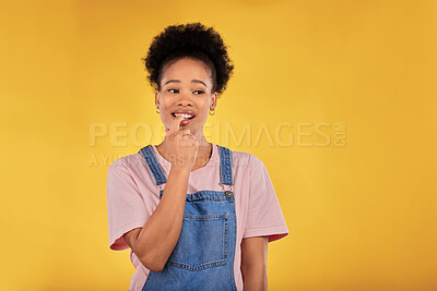 Buy stock photo Woman, student and thinking or doubt for university, college or education choice and decision. Ideas, nervous and african person for college mistake, study results or plan on yellow studio background