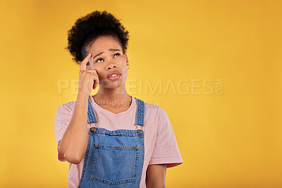 Buy stock photo Question, thinking and woman confused, decision and choice against a yellow studio background. Female person, why and model anxious, stress and emoji with doubt, ideas and problem solving with memory