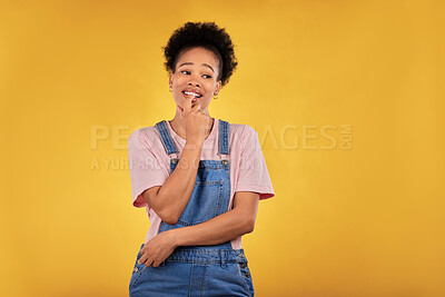 Buy stock photo Thinking, decision and black woman in studio with choice, option or solution on yellow background. idea, doubt and African lady with questions, why or problem solving, ask or puzzled body language