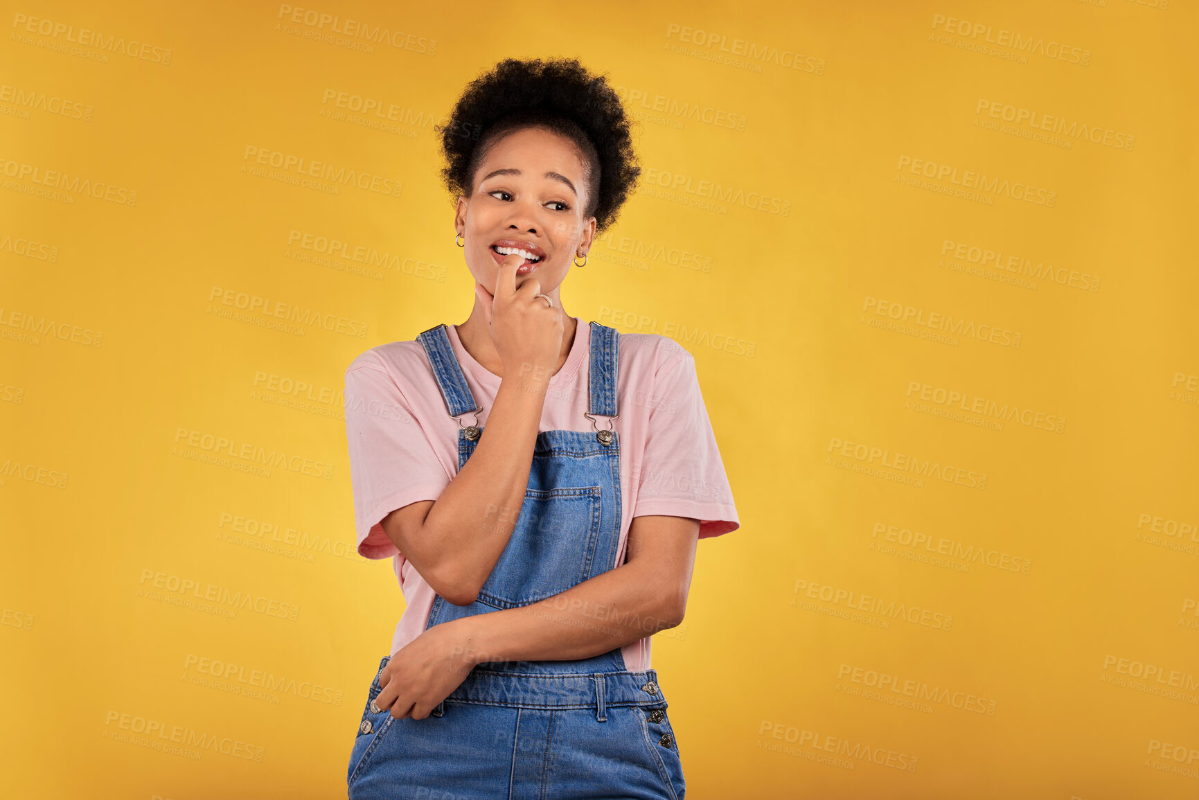 Buy stock photo Thinking, decision and black woman in studio with choice, option or solution on yellow background. idea, doubt and African lady with questions, why or problem solving, ask or puzzled body language