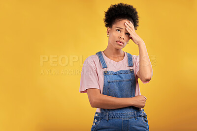Buy stock photo Stress, headache and woman in studio annoyed, confused and brain fog on yellow background. Anxiety, migraine and female model with vertigo, crisis or mistake, fail o or frustrated by depression