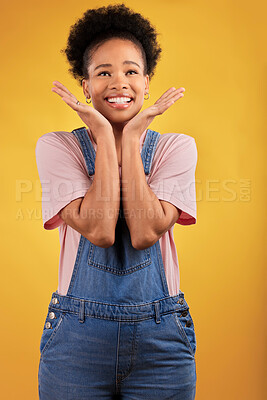 Buy stock photo Thinking, choice and woman with a smile, decision and problem solving on a yellow studio background. Female person, opportunity or happy model with happiness, solution and ideas with wonder and emoji