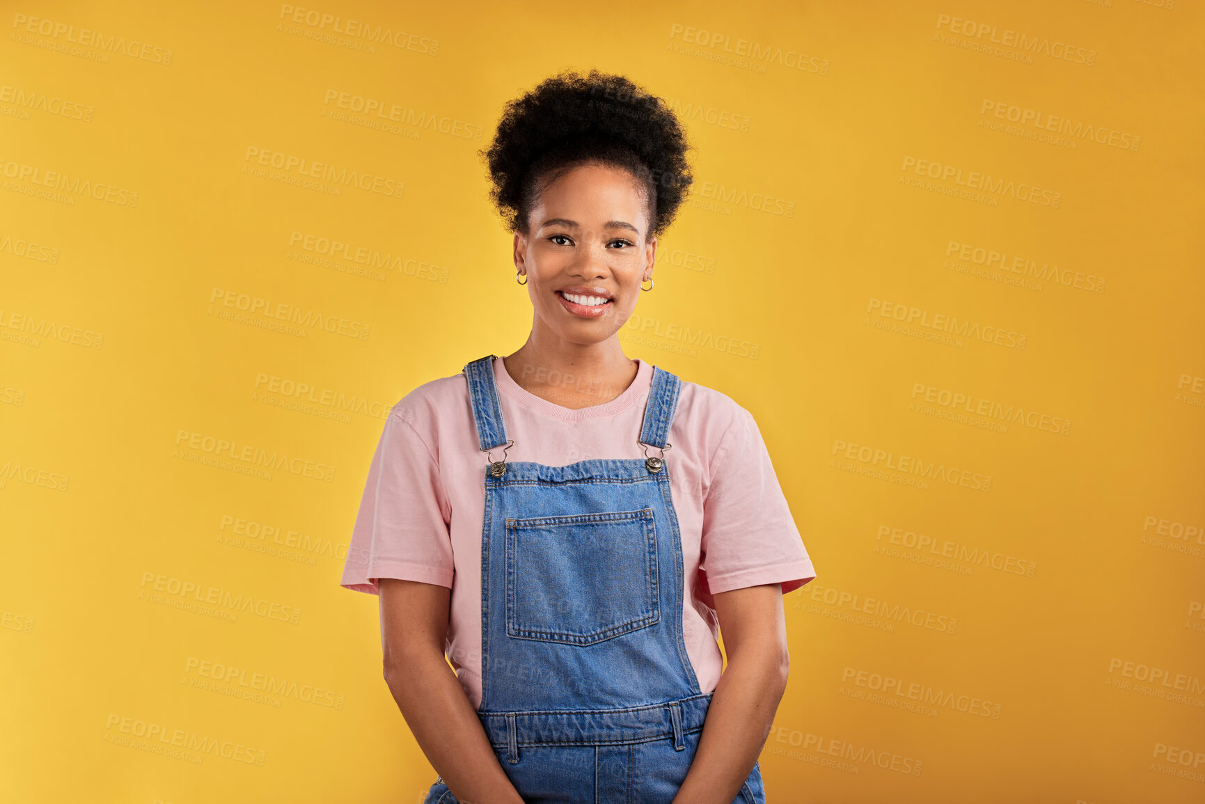 Buy stock photo Fashion, portrait and happy black woman in studio with confidence, style and cool outfit on yellow background. Face, smile and stylish African female model pose with trendy and fashionable clothes