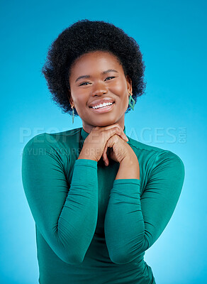 Buy stock photo Smile, portrait and fashion with black woman and hands in studio background with positive mindset. Happy, face and confidence with african person or motivation or proud expression in blue background.
