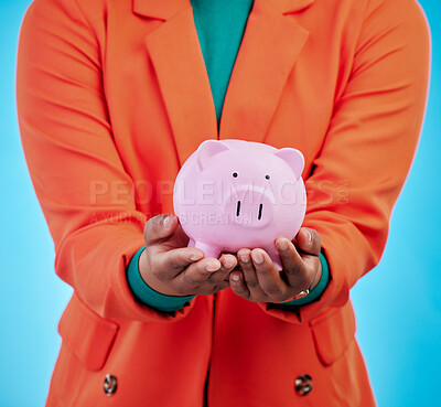 Buy stock photo Person hands, piggy bank and savings, financial investment and budget management or income growth. Banking, security safe and finance container, accounting or entrepreneur on blue, studio background