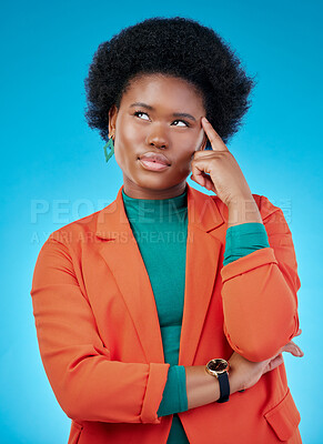 Buy stock photo Decision, thinking and black woman with inspiration, solution or problem solving on a blue studio background. Female person, opportunity or model with ideas, emoji or choice with doubt and creativity