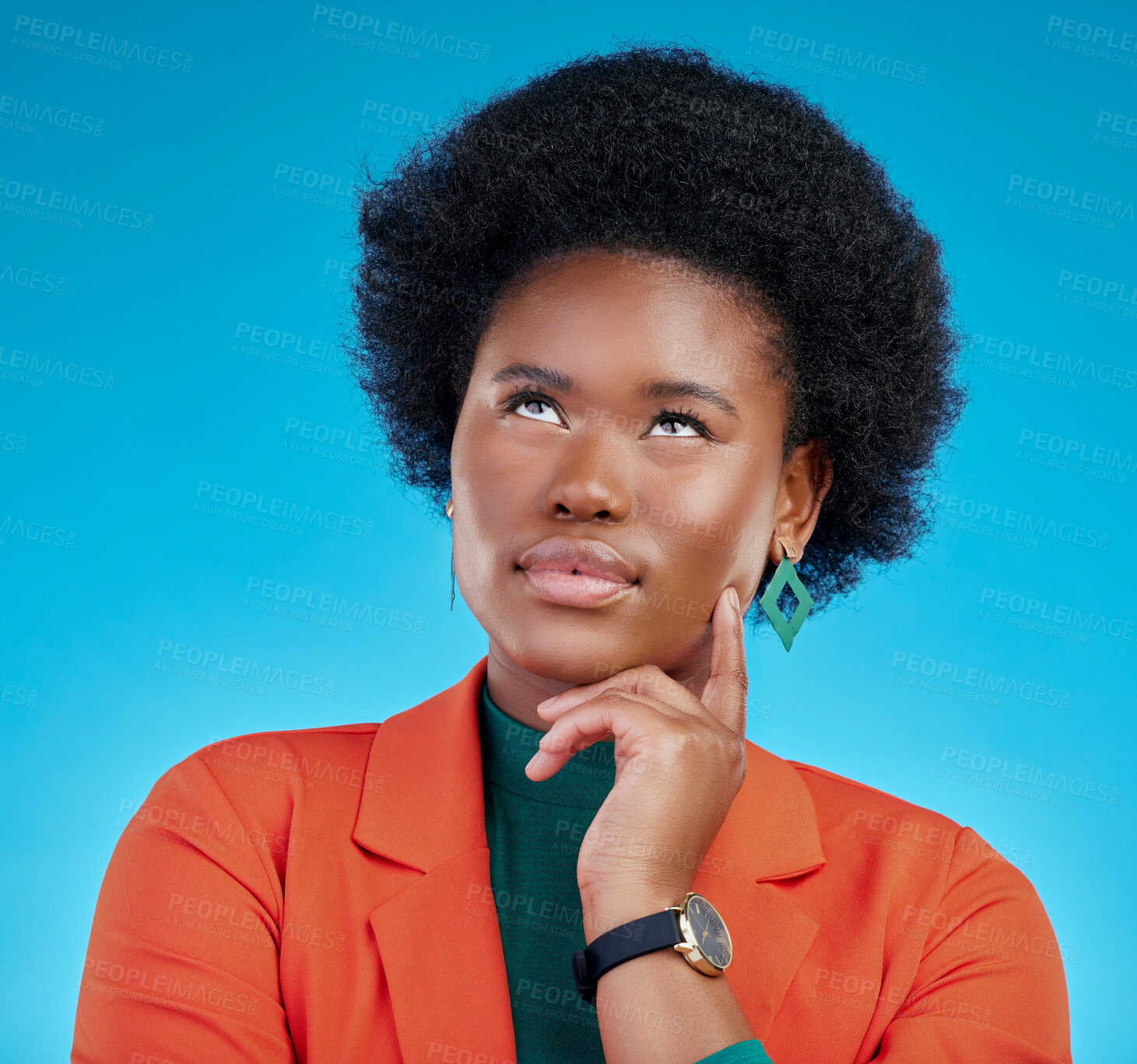 Buy stock photo Opportunity, thinking and black woman with problem solving, brainstorming and decision against a blue studio background. Female person, why and model with inspiration, planning and creative ideas 