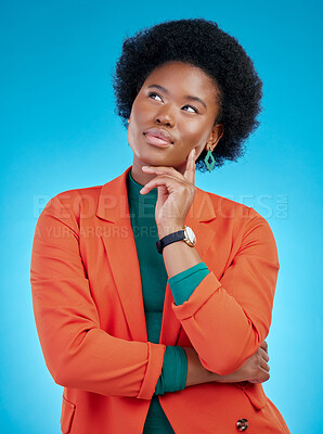 Buy stock photo Question, thinking and black woman with a decision, opportunity and inspiration against a blue studio background. Female person, why and model with solution, problem solving and choice with planning
