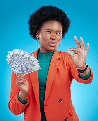Buy stock photo Money, okay sign and woman thinking of success, profit and sales deal with yes emoji on blue background. Financial ideas of rich, african person for cash, lottery goals or bonus achievement in studio